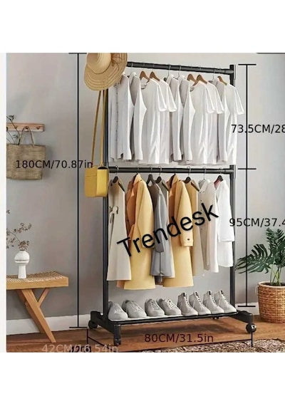 Metal Siyah Çift Askılı Elbise Askılığı Konfeksiyon Askılık Tekerlekli 6008 Siyah