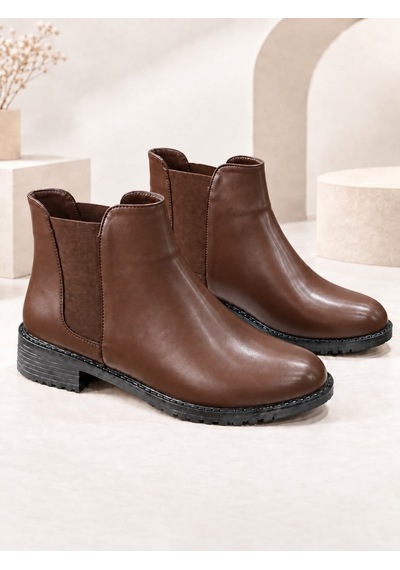 Dabab Shoes Maral Kadın Acı Kahve Cilt Yuvarlak Burun Lastik Detaylı 3 Cm Topuklu Kaymaz Taban Chelsea Bot Bootie Kahverengi