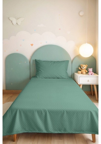 Mint Minimal Genç Odası Tek Kişilik Pike Takımı - Kapitone Düz Turkuaz 160x220 Cm Yatak Örtüsü Pamuksu Kabuğu Perdesi