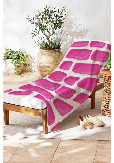 Geometrik Soyut Pembe Plaj Havlusu - Modern Minimalist Fuşya Beyaz Hızlı Kuruyan Mikrofiber Havlu Çiy Kıyısı