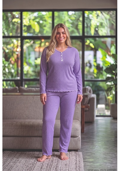Seboteks Raporlu İnterlok Kumaş Yakası Düğmeli Kışlık Büyük Beden Kadın Pijama Takımı 2950 Mor