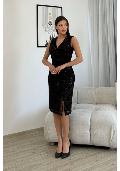 Lodmela Kruvaze Yaka Payetli Midi Elbise 6031-siyah Siyah