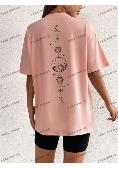 Flood Of Style Unisex Bay Güneş Ve Ay Desenli Düşük Omuz Tişört Kod-1350 Pembe
