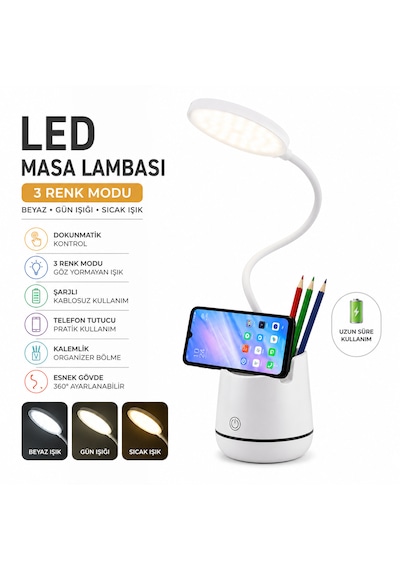 Şarjlı Led Masa Lambası Dokunmatik 3 Modlu Telefon Tutuculu Kalemlik Organizerli Esnek Gövdeli Çalışma Lambası Beyaz
