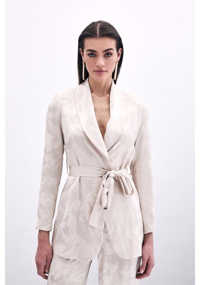 Sateen Bağlamalı Jakarlı Ceket - Bej-135779 Bej