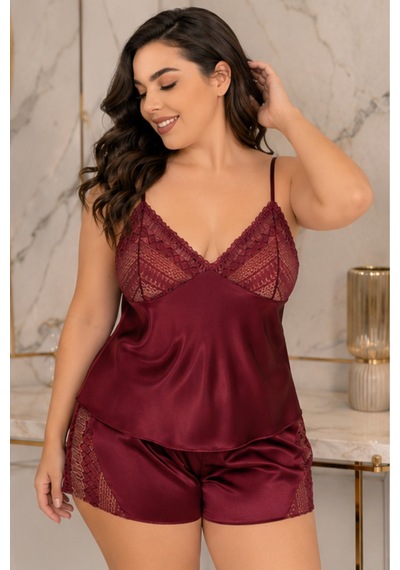 Loule Büyük Beden Bordo İnce Askılı Dantelli Saten Şortlu Pijama
