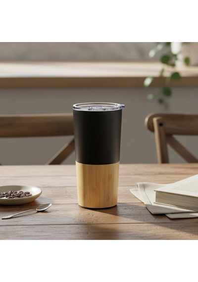 600 Ml Bambu Tabanlı Çelik Termos Mug - 5 Farklı Renk Seçenekli Sıcak Ve Soğuk Tutucu Seyahat Bardağı Siyah Çok Renkli