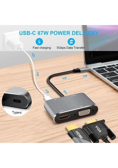 Cf02 Macbook Uyumlu Type-c To 4k Ultra Hd 1080p Hdmı/vga/pd Şarj/usb 3.0 4ın1 Çevirici Hub Adaptör