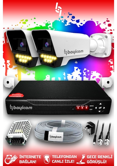 Bayicam 2 Kameralı Süper 2 Dış Kamera Set HDD'siz 5 MP 2K Renkli Gece Görüşlü Güvenlik Kamerası Sistemi