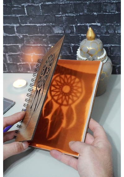 Rüya Kapanı Desenli Ahşap Defter - Ajanda - Günlük - Çizgisiz Defter Ahşap Rengi Ceviz A5 Notebook