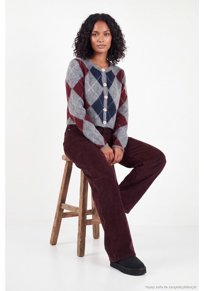 Lela Regular Fit Bisiklet Yaka Baklava Desenli Düğmeli Crop Hırka Kadın Hırka 4615570 Antrasit