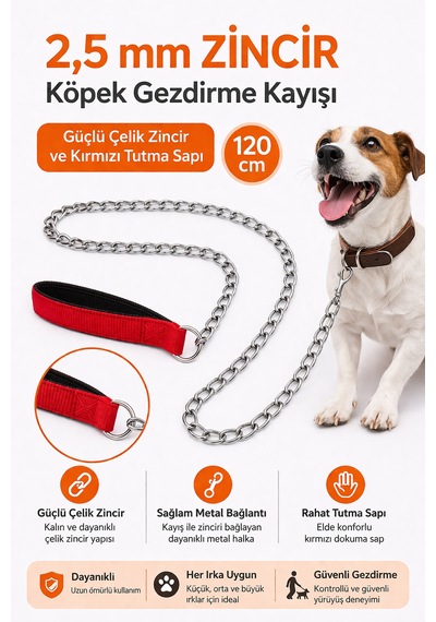 Zincir Köpek Gezdirme Kayışı Dalı Çelik & Ergonomik Tutma Saplı 2,5 Mm-120 Cm Kırmızı Çok Renkli