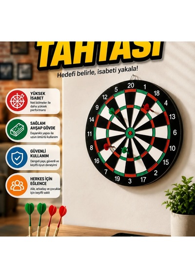 17 İnç Ahşap Dart Tahtası 4 Metal Uçlu Dart Oku Ve Askı Aparatı