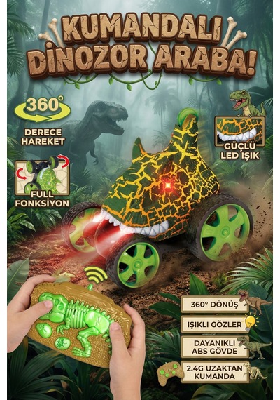 Dinozor T-rex Uzaktan Kumandalı Araba - 360 Dönen Işıklı Akrobat Oyuncak - Şarjlı Ve Dayanıklı Yeşil