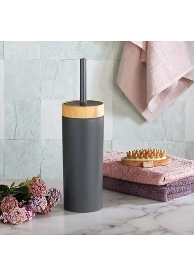 Bersachef Limpia Bambu Desenli 5'li Banyo Seti Çöp Kovası Sıvı Sabunluk Diş Fırçalık Kutusu Banyo Seti Gri