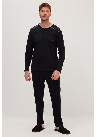 Tudors Erkek Standart Fit Normal Kesim %100 Pamuk Bisiklet Yaka Beli Lastikli Siyah Pijama Takımı-37947 Siyah