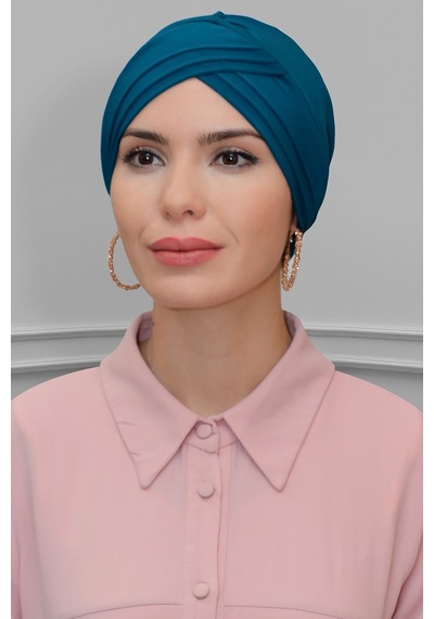 Hürrem Bone P. Mavisi Pratik Hazır Geçmeli Tesettür Bone Sandy Kumaş Üç Çapraz 1803 17 Petrol Mavisi