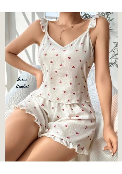 Intive Comfort Kiraz Desenli Fırfır Detatlı Ekru Pijama Şort Büst Beyaz