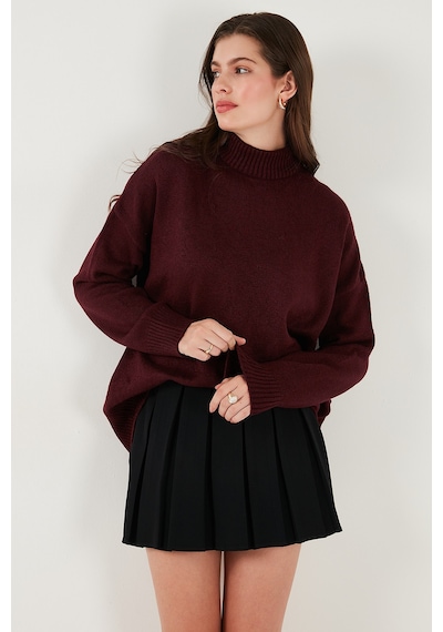 Lela Premium Oversize Fit Balıkçı Yaka Yumuşak Dokulu Triko Bayan Kazak 680Kz00469 Bordo