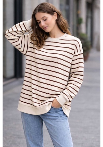 Tenra Oversize Geniş Kalıp Kadın Sweatshirt Bisiklet Yaka Basic Çizgili Kahverengi