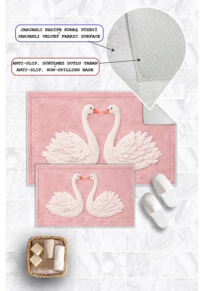 Kuğu Desenli Dijital Baskılı Yıkanabilir 2li Banyo Paspası 50x60-60x100 Pembe