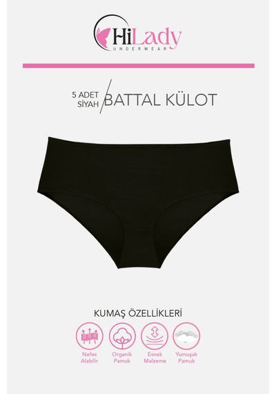 Kadın Külot, Orta Yüksek Bel Büyük Beden Külot 4xl-5xl-6xl 5 Adet, Yumuşak Pamuklu Rahat Kumaş Siyah