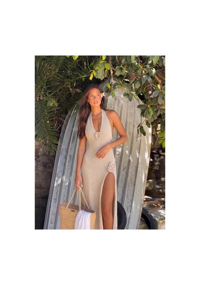 Mayrem Kadın Halter Yaka Çiçek Detay Yırtmaçlı Beachwear Maxi Elbise Bej