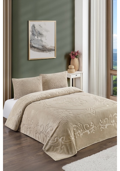 Bej Gül Bohem Yatak Örtüsü 220 X 230 Çift Kişilik Peluş Yumuşak Welsoft 2 Adet Yastık Kılıfı Bej - Gül