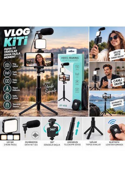 Mi 15 Uyumlu Profesyonel Vlog Çekim Seti Tripod Selfie Stick Led Işık, Harici Mikrofon Ve Bluetooth Kumandalı