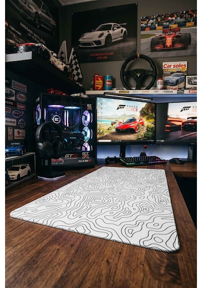 Beyaz Siyah Topografik Harita 40x90 Cm Oyuncu Mousepad Kaymaz Taban Büyük Boy Mousepad