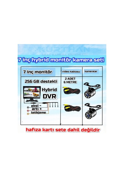 7'' Hybrid Dvr Monitör + 2 Adet Beyaz Ledli Kelebek Kamera 256 Gb