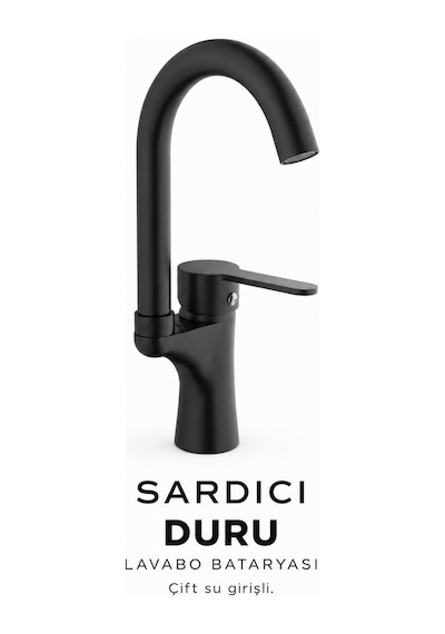 Sardıcı Duru Siyah Lavabo Bataryası Pirinç Gövde Çift Su Girişli Tam Takım Krom