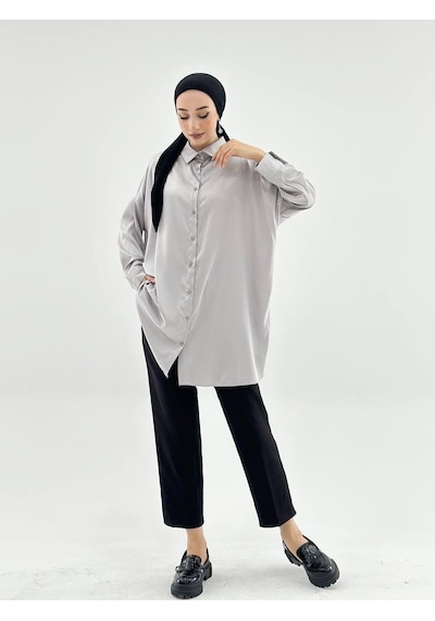 Vioshine Vıoshıne Kadın Oversize Saten Gömlek-gri Gri