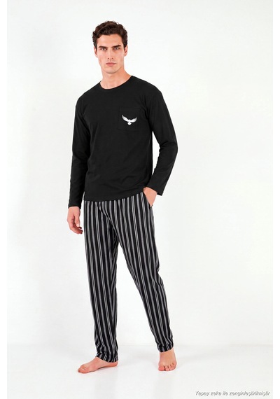 Buratti Çizgili Pamuklu Göğüs Cepli Pijama Takımı Erkek Pijama Takımı 6575008 Siyah