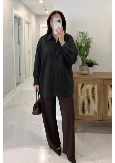 Lijuri Siyah Oversize Keten Gömlek 3510