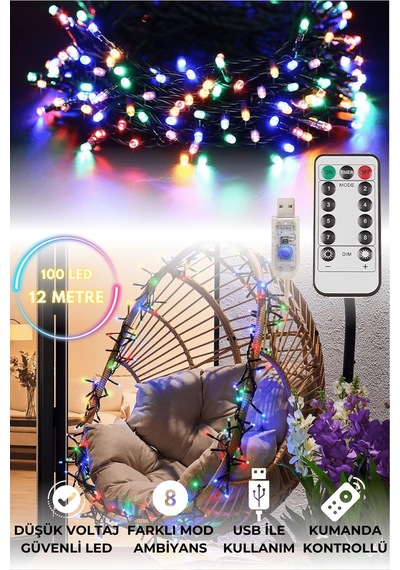 Technosmart 100 Ledli Usbli Kumandalı 8 Modlu Şerit Led Işık Parti Süsleme Organizasyon RGB