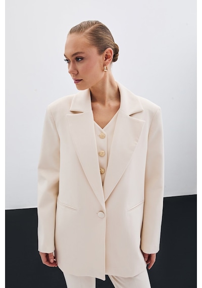 Sateen Ön Tek Düğmeli Uzun Ceket - Bej-135684 Bej