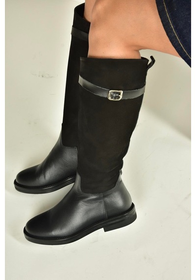 Fox Shoes V654002803 Siyah Hakiki Deri Düz Tabanlı Binici Çizmesi Siyah