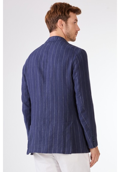 Dufy Lacivert Erkek Regular Fit Çizgili Sivri Yaka Keten Ceket - 104439 Lacivert