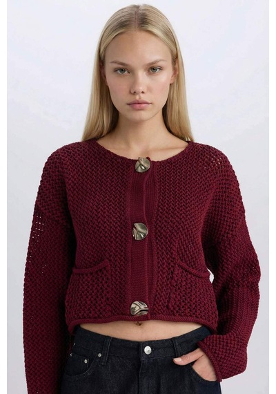 Defacto Relax Fit Bisiklet Yaka Düğmeli Örgü Desenli Triko Hırka E1962AX24WNBR43 Bordo