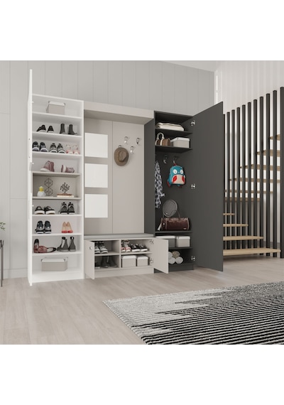 Lüks Aynalı Portmanto Askılı Vestiyer %100 Mdf Çok Raflı Ayakkabılık V05 Beyaz - Antrasit Lüks Aynalı Portmanto Askılı Vestiyer %100 Mdf Çok Raflı Ayakkabılık V05 Beyaz - Antrasit