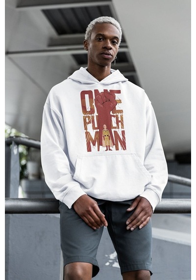 Sevbano Saitama Anime Karakter Baskılı Unisex Hoodie, Oversize One Punch Beyaz