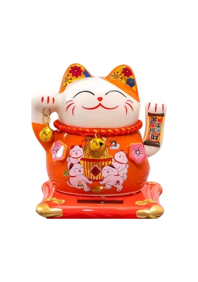 Seramik Maneki Neko Turuncu Güneş Enerjili Şans Kedisi 12cm No.4