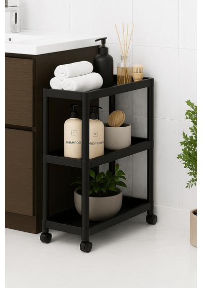 Sas Haus Flex Elite Pro 3 Katlı Mat Siyah Tekerlekli Çok Amaçlı Raf Ünitesi Banyo, Mutfak & Organizer - S-81.1 Siyah