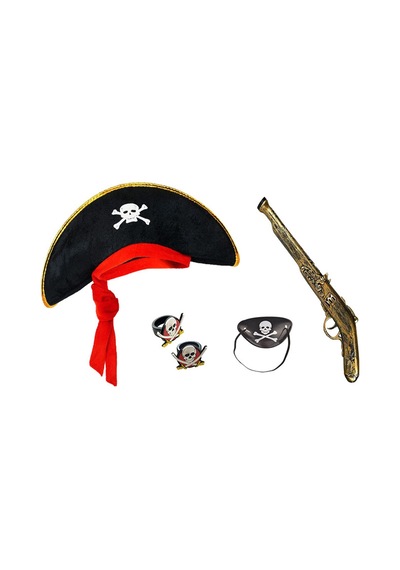 Korsan Şapkası + Tabanca + Maske + 2 Adet Yüzük Kostüm Seti Ç N712