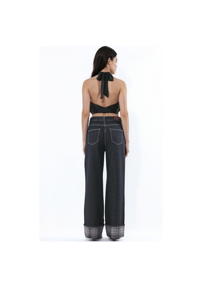Hiccup Paça Ekose Detaylı Yüksek Bel Wide Leg Jeans Siyah