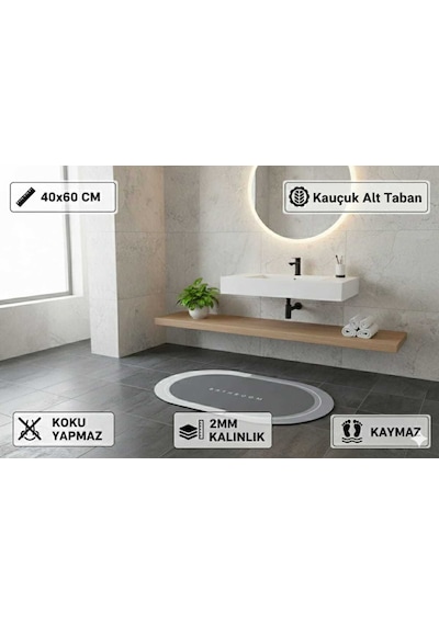 Nobera Kaymaz Tabanlı Oval Süper Emici Banyo Paspası Gri - 40x60 Cm Gri