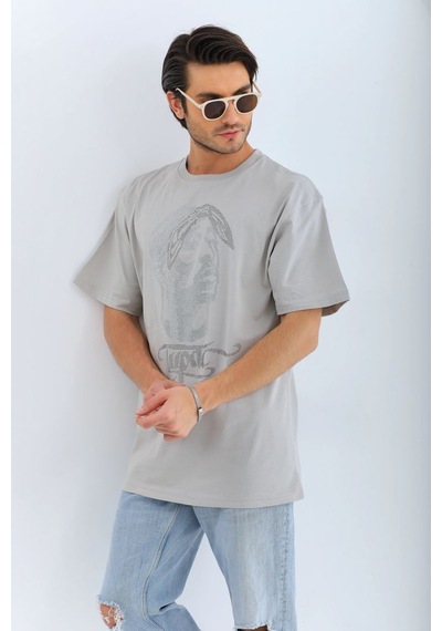 Erkek Tişört Taş Detaylı Bisiklet Yaka Kısa Kol T-shirt - Gri