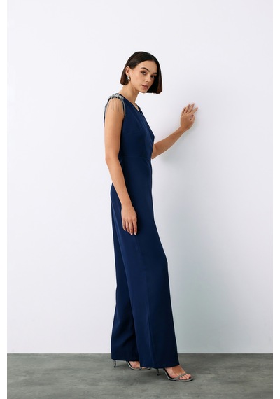 Sateen Aksesuar Detaylı Tulum - Lacivert-135222 Lacivert
