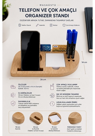 Deskmate Safir Meşe Telefon Standlı Mdf Masaüstü Organizer Kalemlik & Notluk & Kartlık Kahverengi - 874801382 Kahverengi